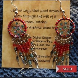 SOLD! Red beaded dream catcher earrings